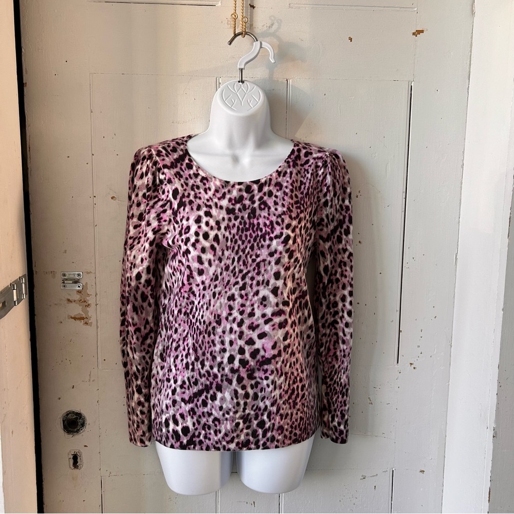 Talbot's Animal Leopard Print Merino Wool Puff Sleeves Knit Sweater